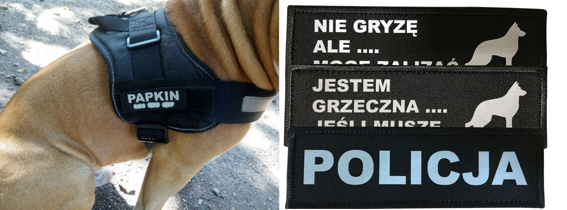 Dog name on patch, reflective overlay for harness Julius 11x3cm Size other