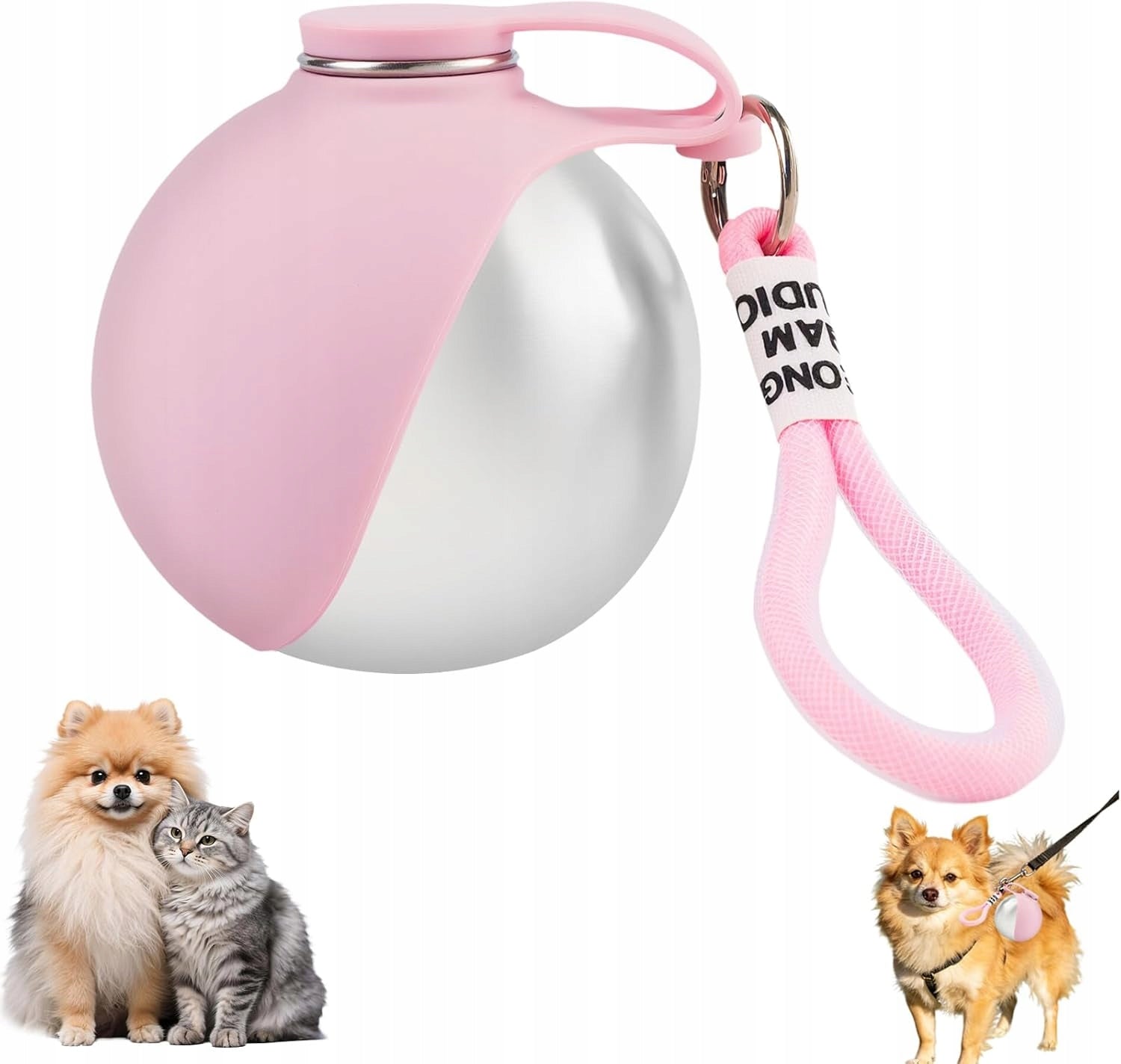 Dog water bottle 285 ml, foldable silicone, with dispenser pink