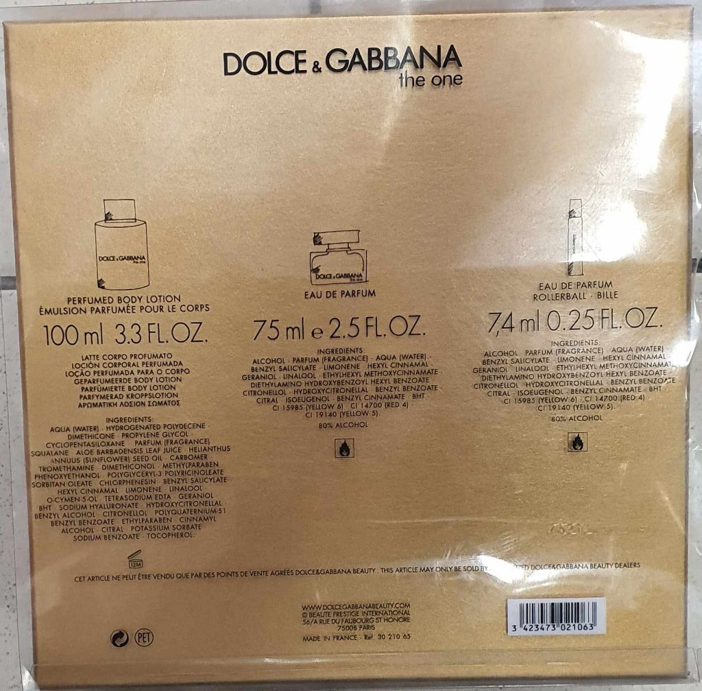 Dolce & Gabbana The One Eau de Parfum 75ml + 100ml Body Lotion + 7.4ml Eau de Parfum Travel Spray (Vintage 2017 Formula) Manufacturer code 7321L  (2017 r. prod.)