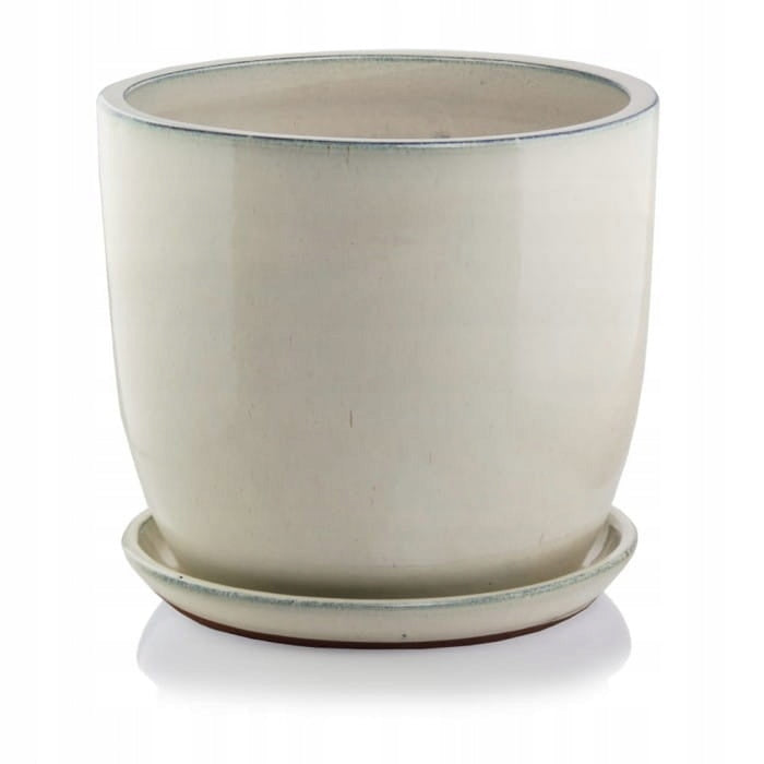 Keramiktopf glasiert, rund, mit Teller, creme, 41 x 34(A) cm 