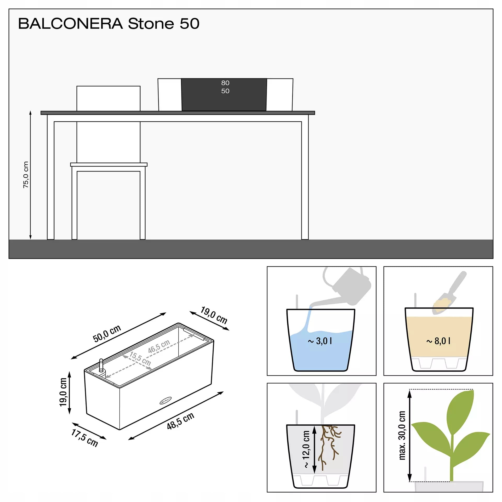 LECHUZA Lovelis BALCONERA Stone 50 ALL-IN-ONE, graue Farbe 