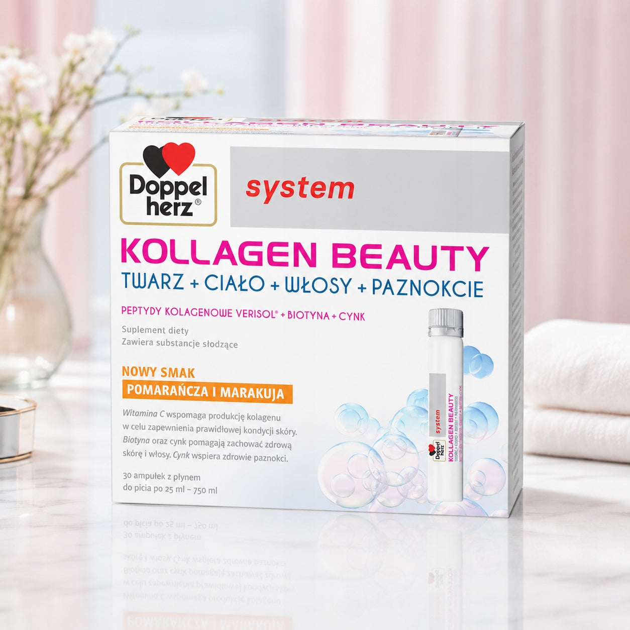 Doppelherz Kollagen Beauty system, ampoules with liquid, orange flavour and Medical device no