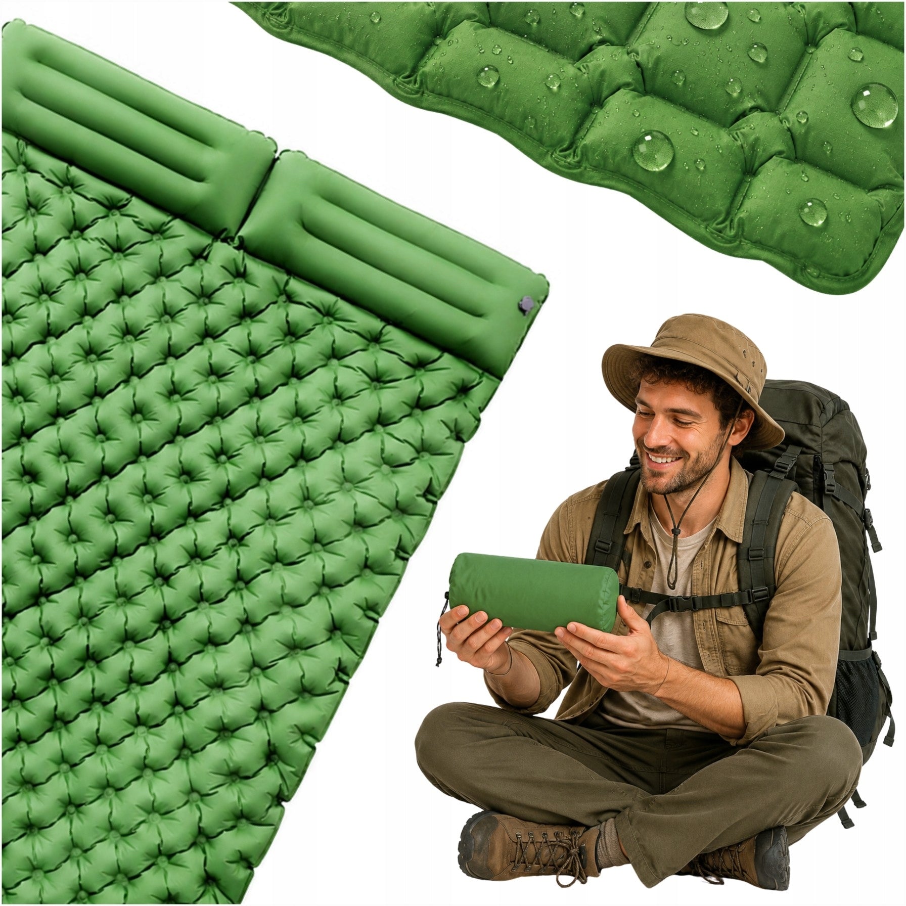 Double Camping Self-Inflating Hiking Mattress with Pump Green