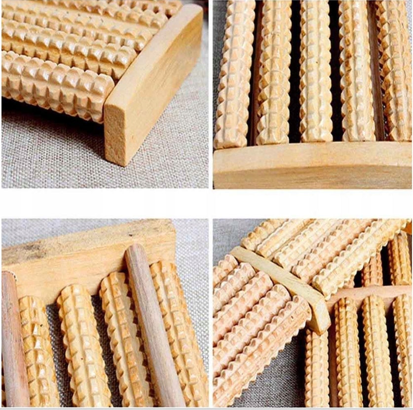 Double Foot Massage Roller Wooden Massager 5-Row for Legs 10 Rollers Color brown