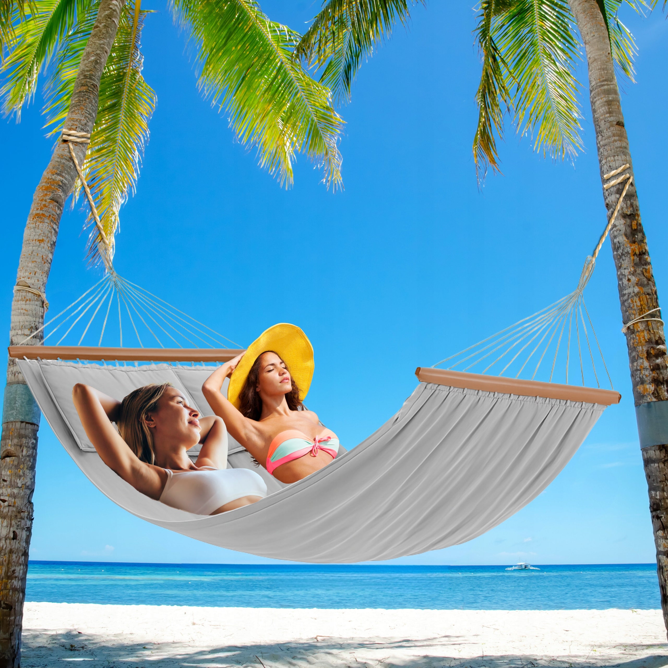 Double Garden Hammock 2 Cushions With Beams Large Light Grey Boho XXL Material width 120 cm