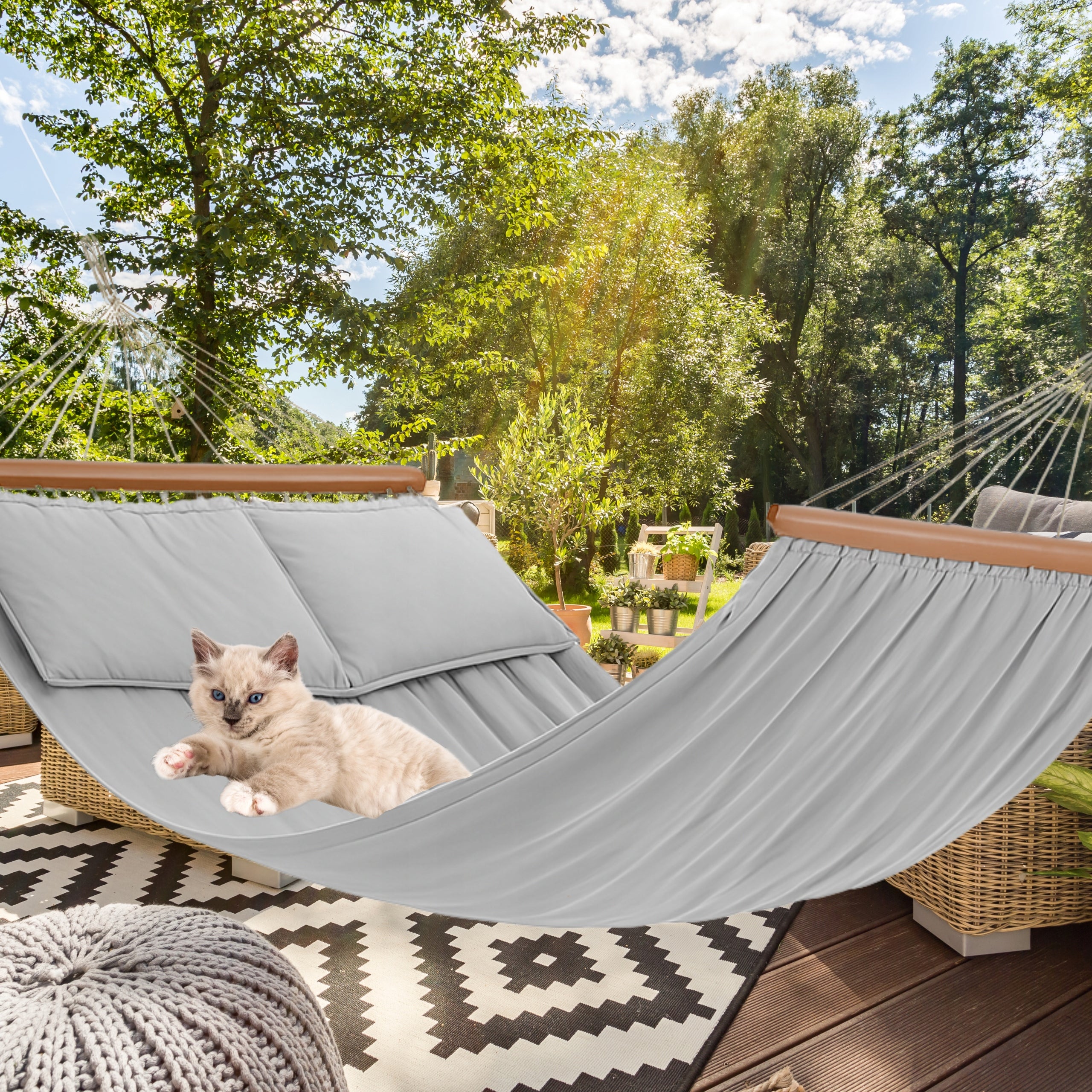Double Garden Hammock 2 Cushions With Beams Large Light Grey Boho XXL Model HAMAK PILLOW WONDOLIO Z DRĄŻKIEM 2 PODUSZKI
