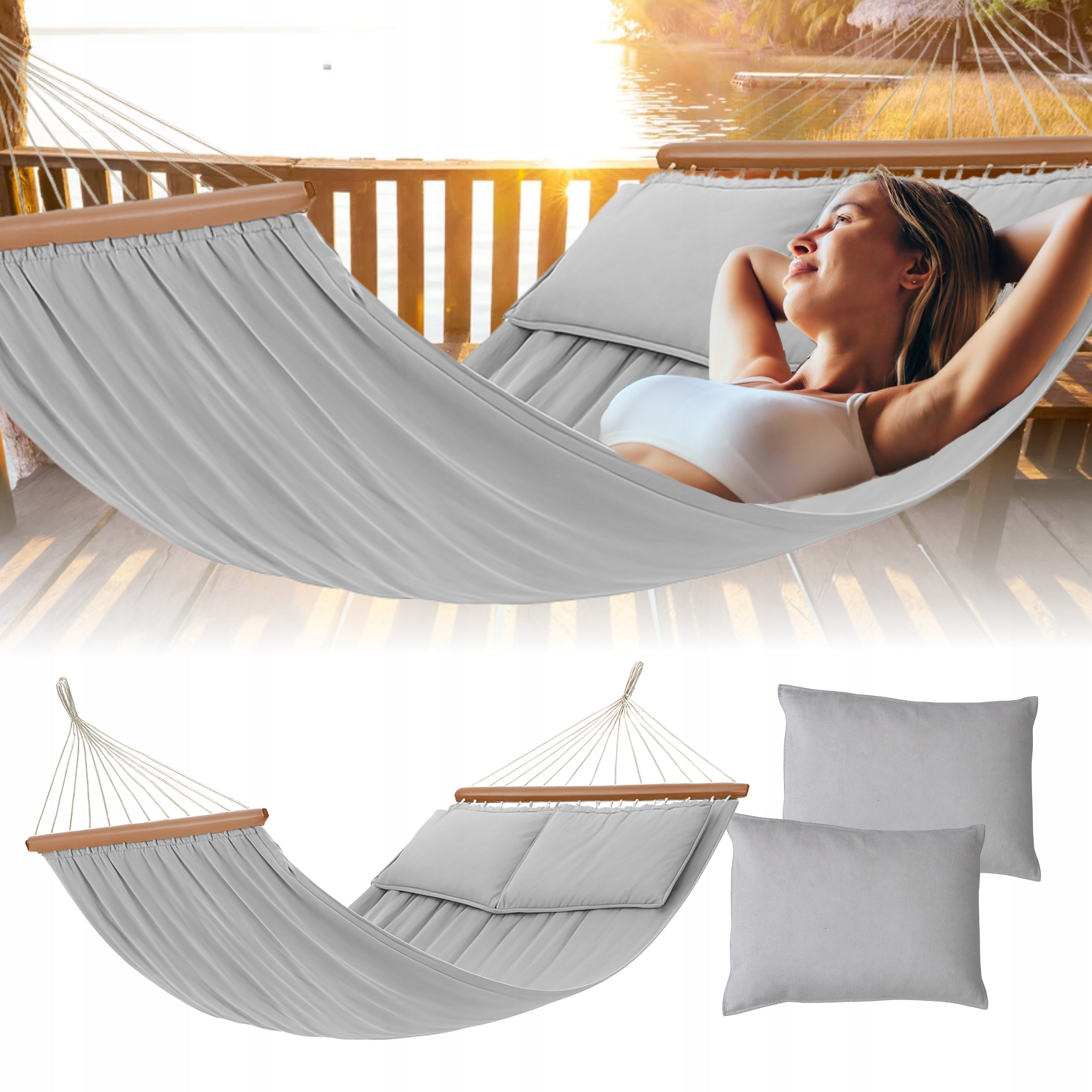 Double Garden Hammock 2 Cushions With Beams Large Light Grey Boho XXL Total length 290 cm