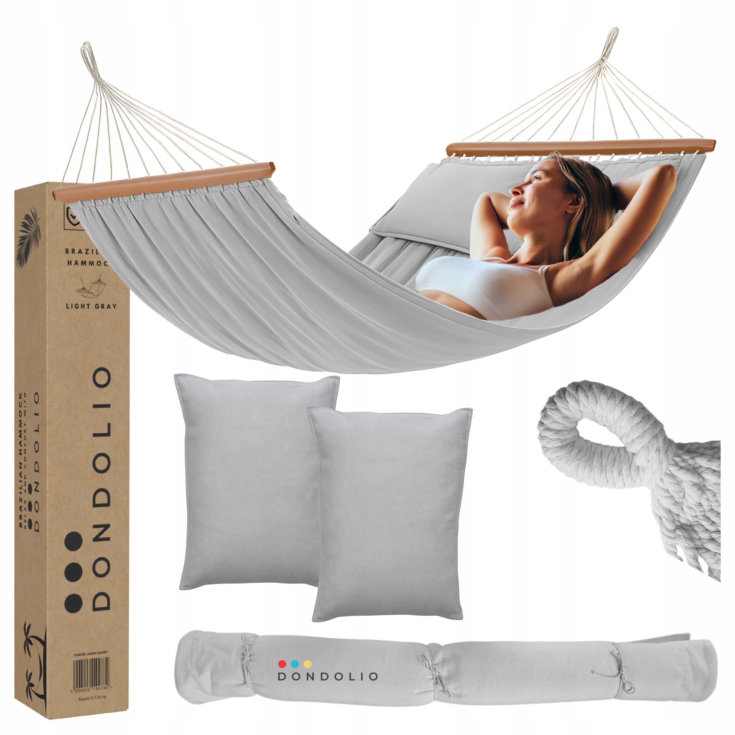 Double Garden Hammock 2 Cushions With Beams Large Light Grey Boho XXL