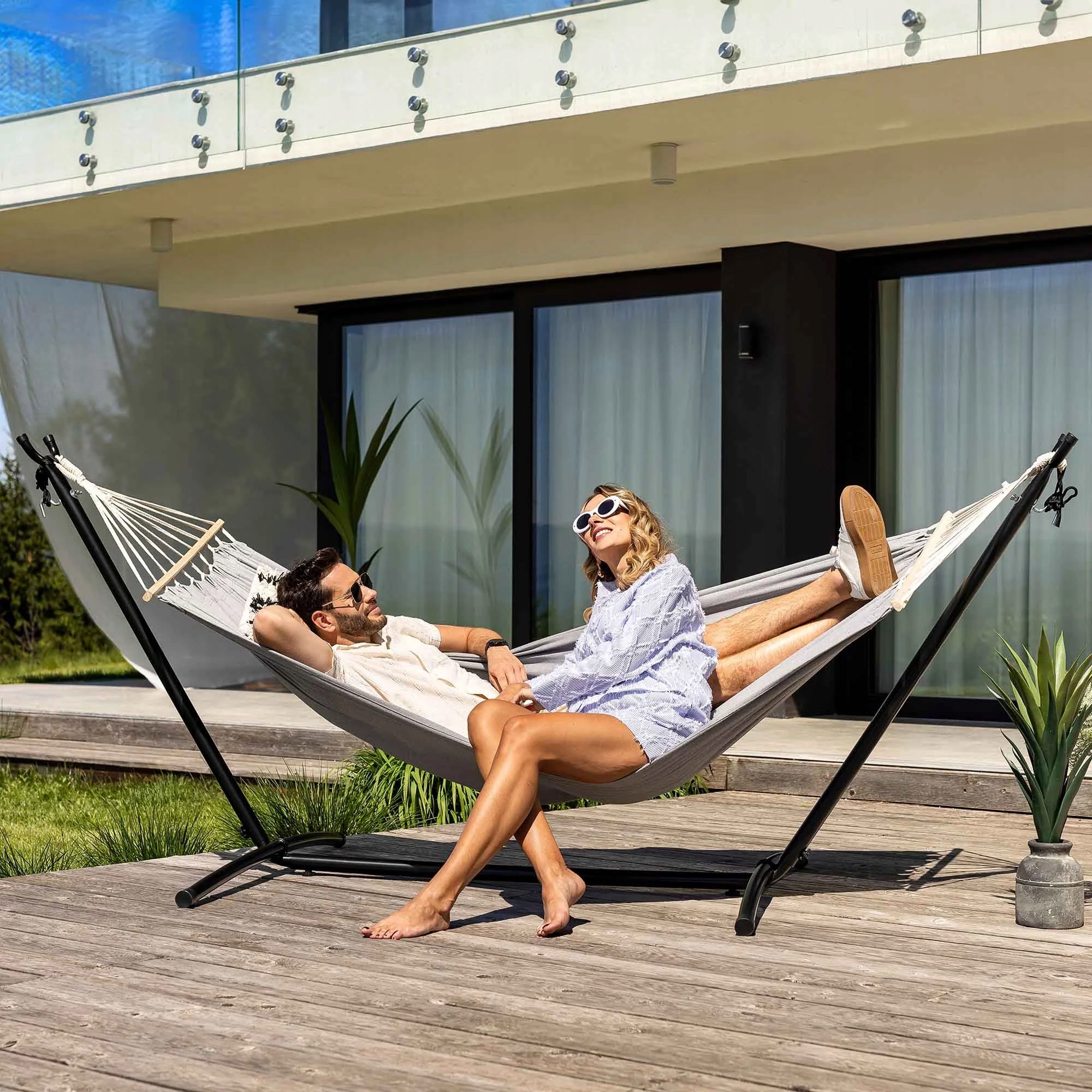 Double Garden Hammock with Frame Metal Lecco Grey di volio Total length 300 cm