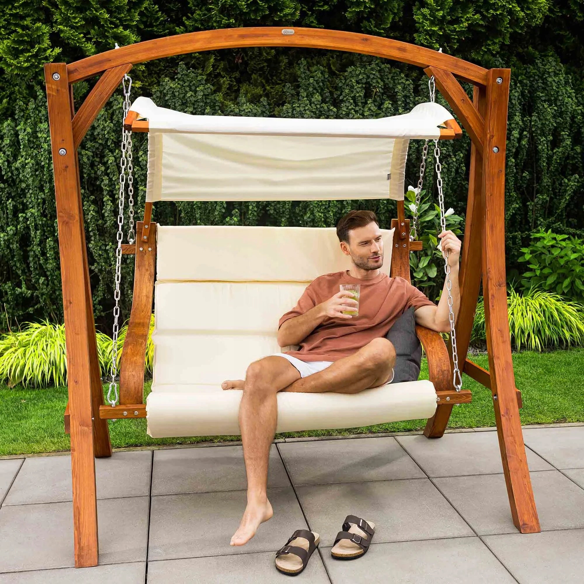 Double Garden Swing Wooden Soft Cushions Canopy di volio Material of manufacture wood