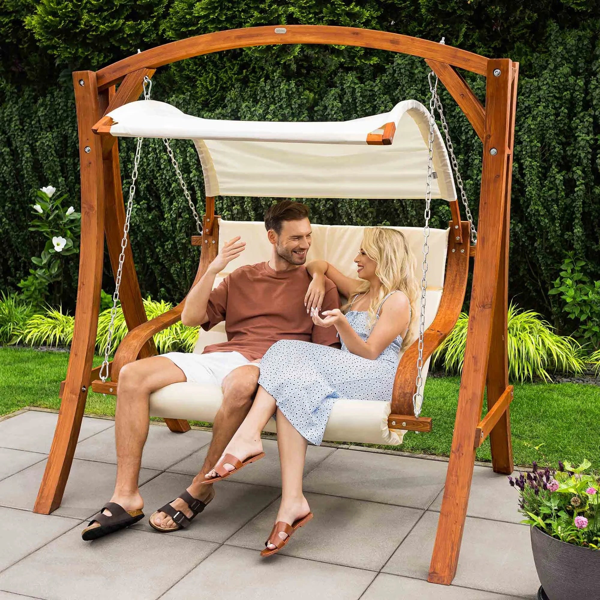 Double Garden Swing Wooden Soft Cushions Canopy di volio Packaging status original