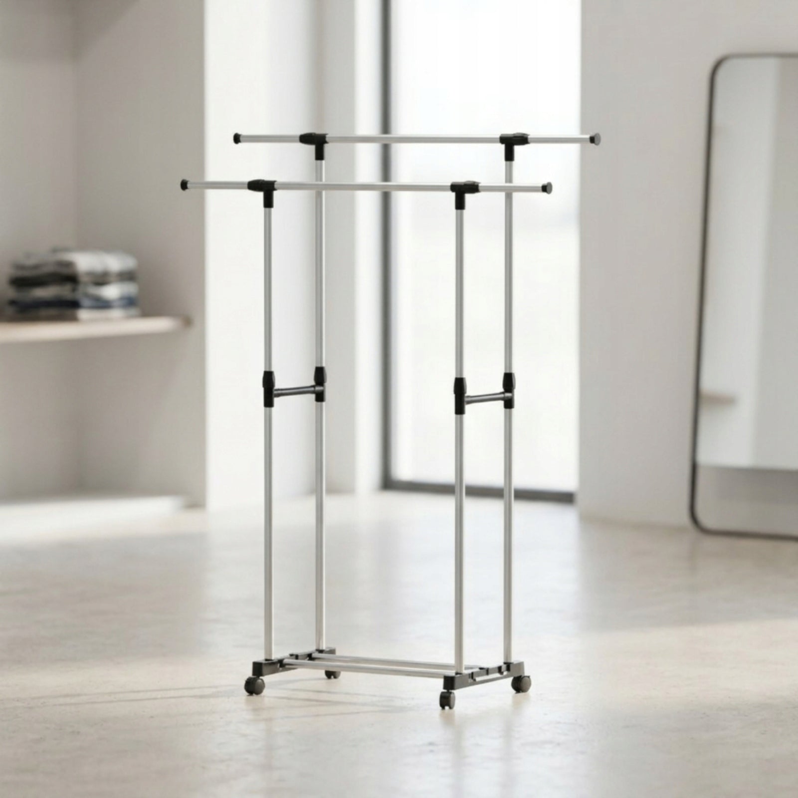 Double-Rod Clothes Rack Portable Double Rod Clothing Rack Space-Saving Kind Portable