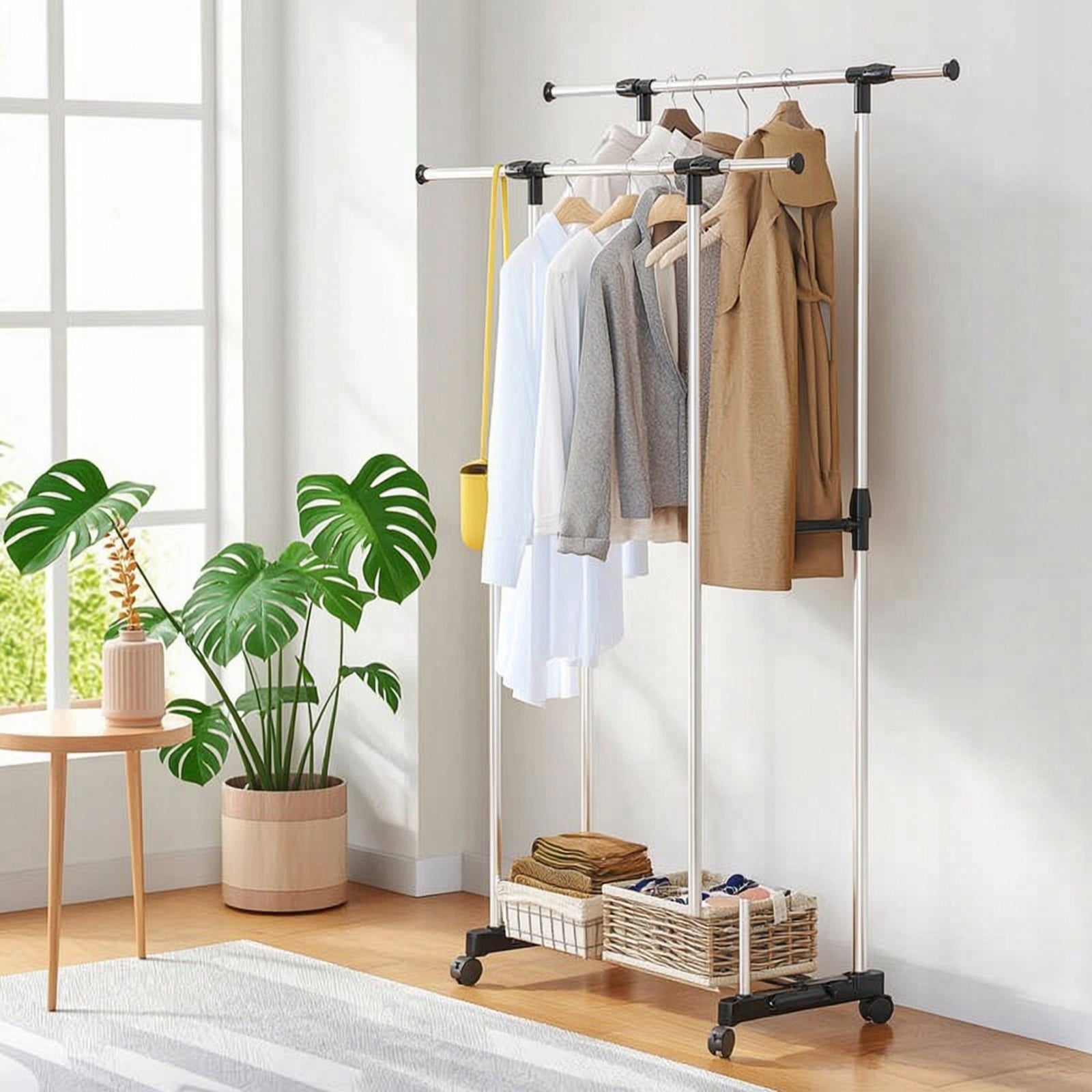Double-Rod Clothes Rack Portable Double Rod Clothing Rack Space-Saving Packaging status original
