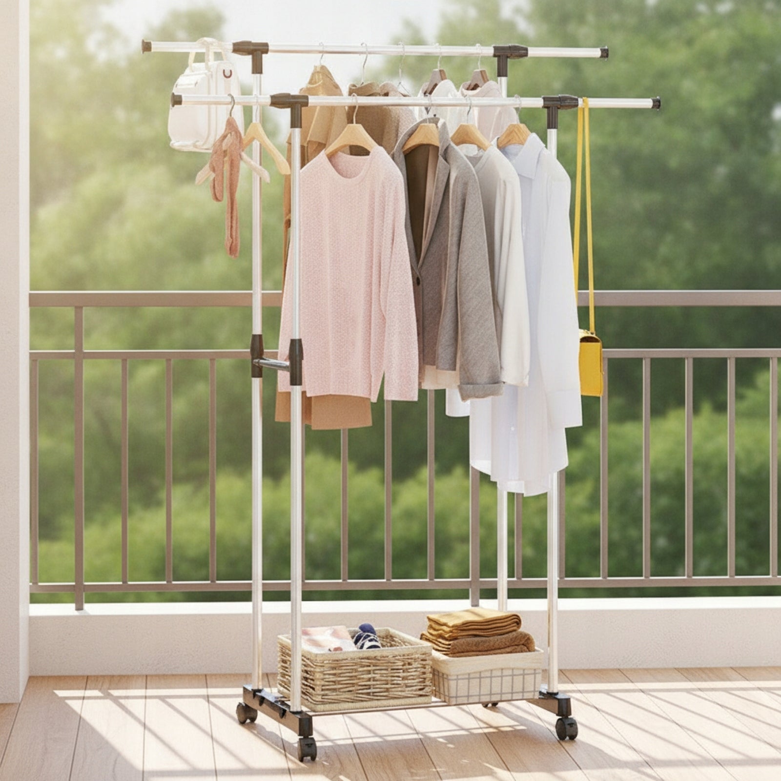 Double-Rod Clothes Rack Portable Double Rod Clothing Rack Space-Saving Unfolded width 37 cm