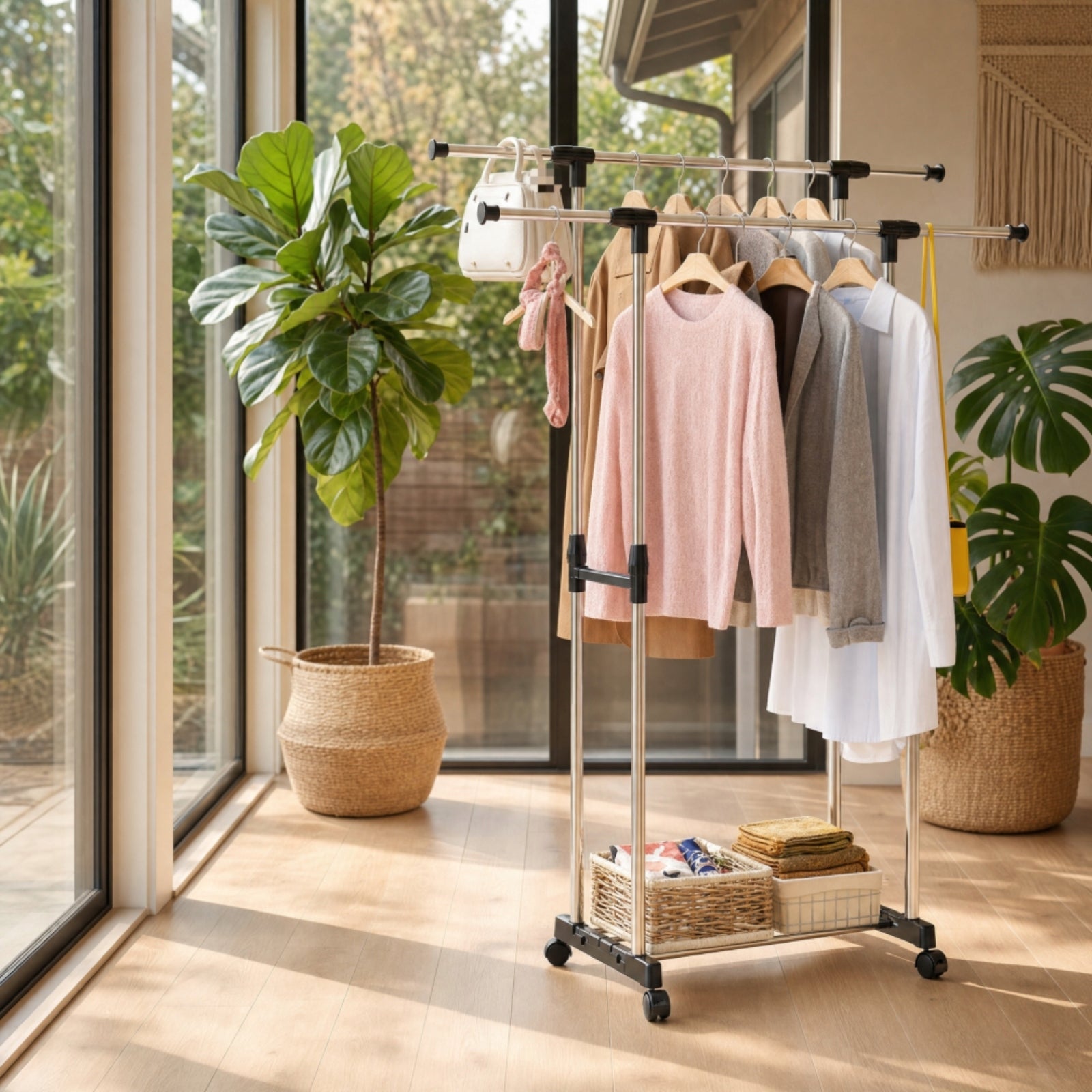 Double-Rod Clothes Rack Portable Double Rod Clothing Rack Space-Saving Weight 3500 kg