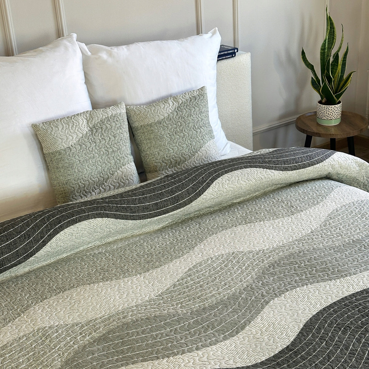 Double Sided Bedspread Tavira Kapa Waves Grey 180x220 cm + pillowcases Brand Euromat