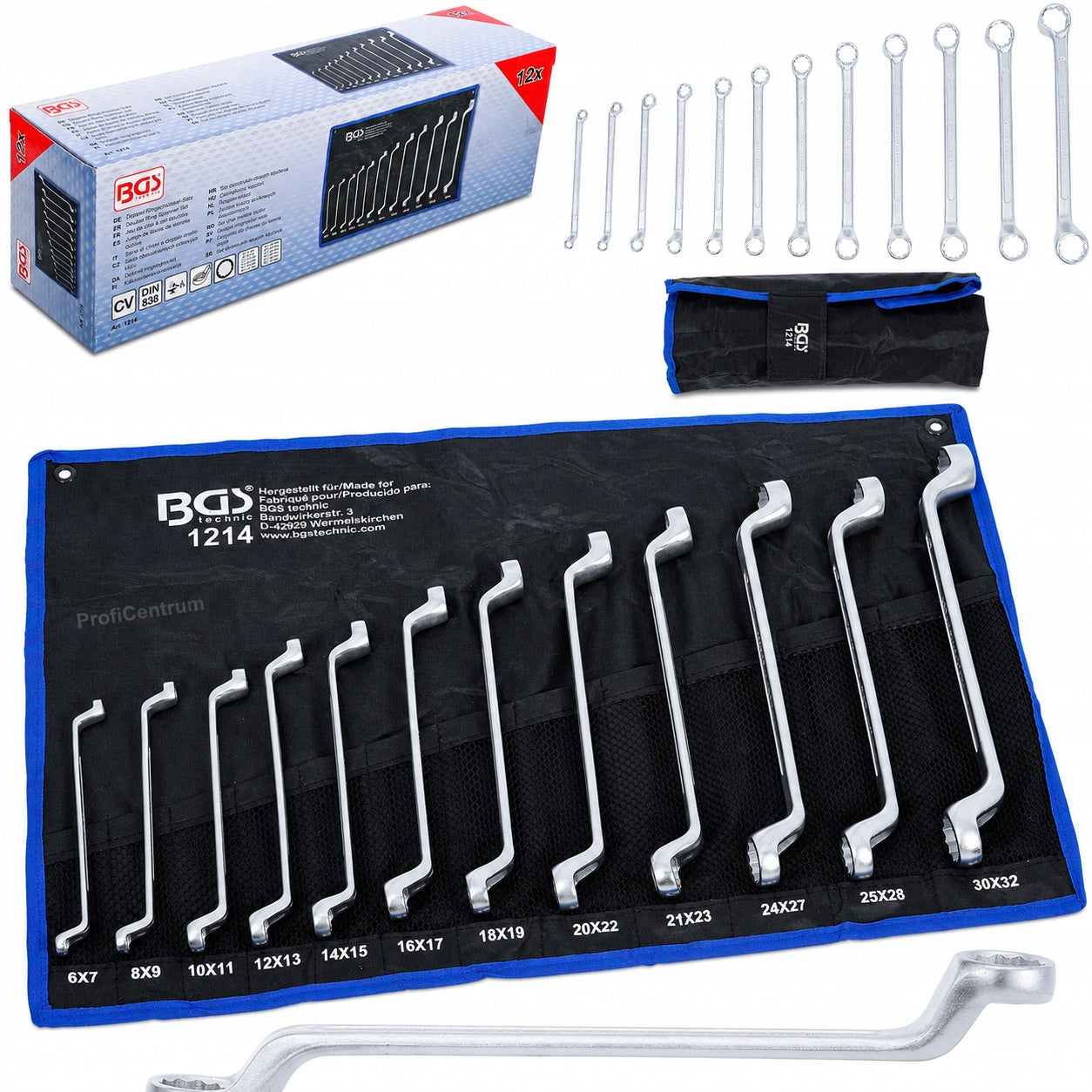 Double-sided eye wrenches 6×7-30×32mm 12el. bent double-sided bent BGS
