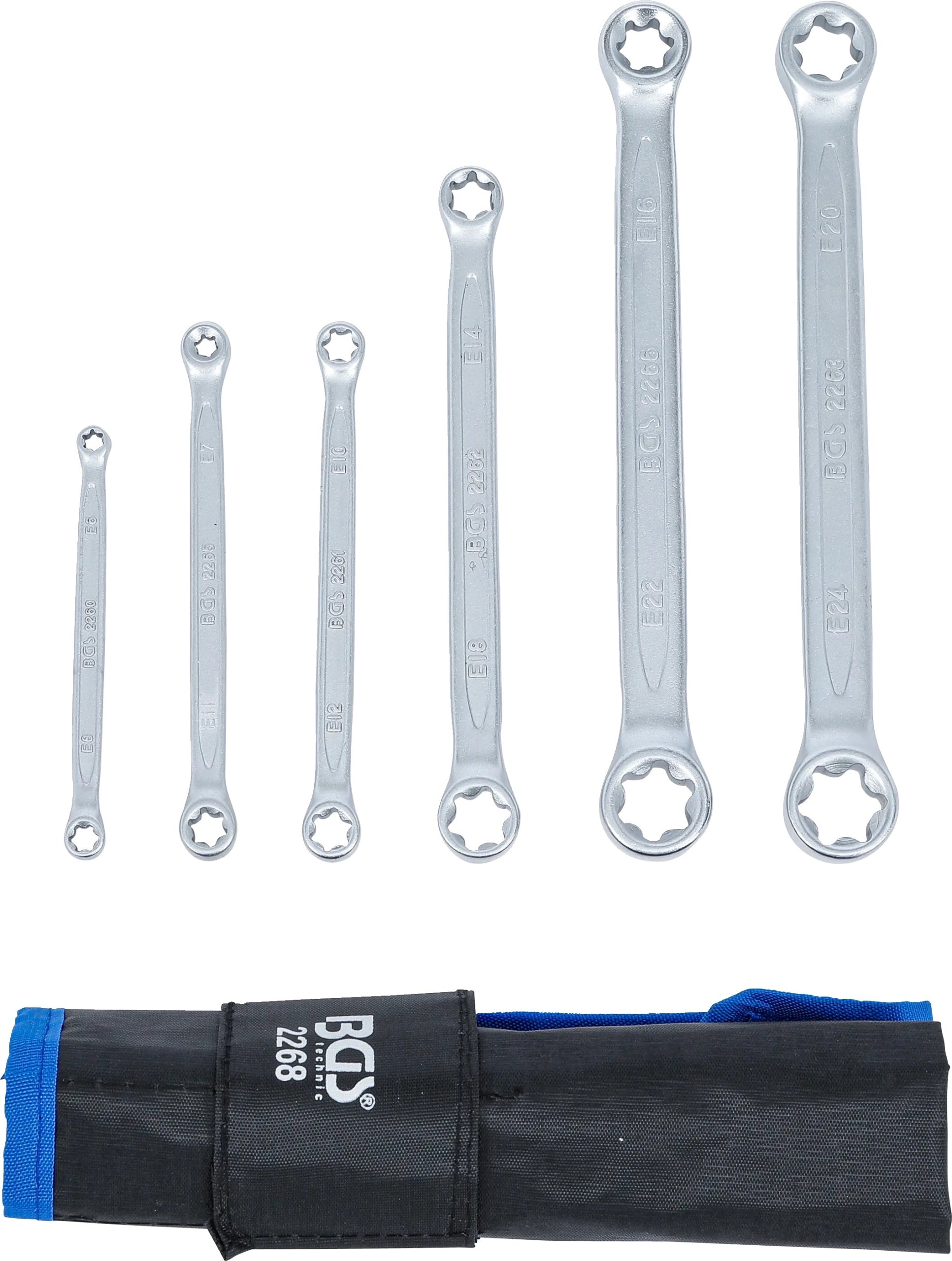 Double-sided eye wrenches for screws E-TORX case E6-E24 6el. BGS-Germany Packaging status original