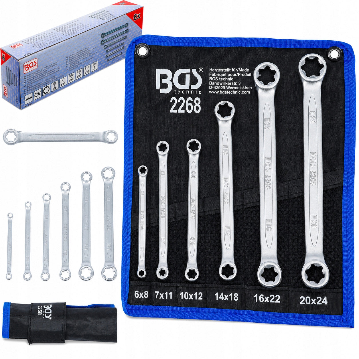 Double-sided eye wrenches for screws E-TORX case E6-E24 6el. BGS-Germany