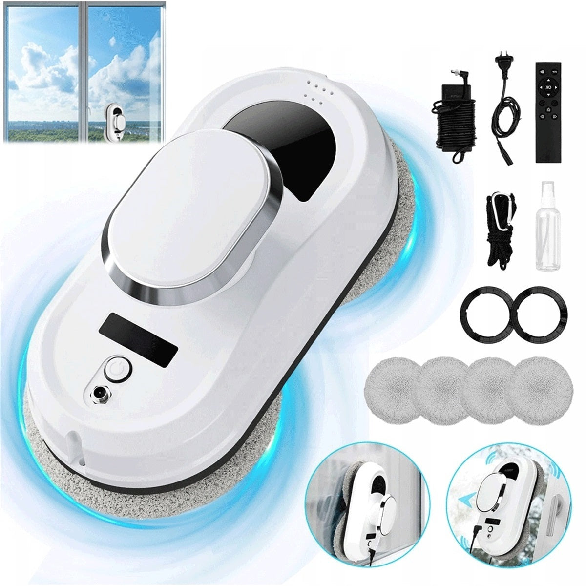 Double suction cup cleaning robot 5600Pa for windows and mirrors white