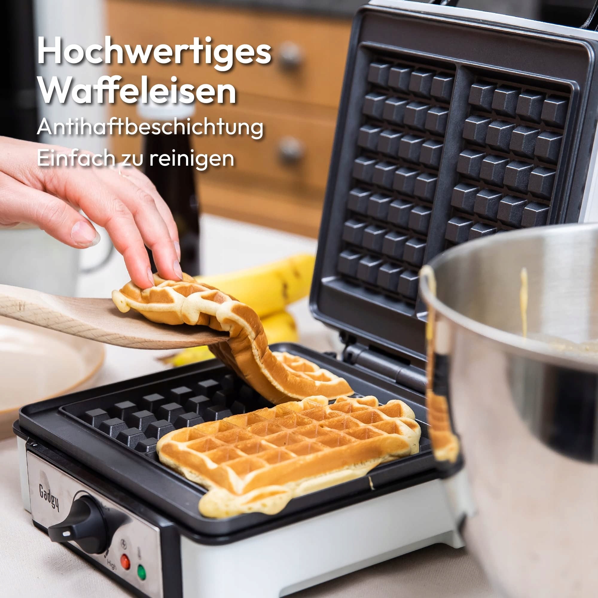 Double waffle maker for 2 quick waffles Power rating 1200 W