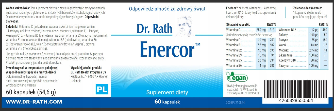 Dr. Rath ENERCOR Dietary Supplement Strength for Muscle Energy for Heart 60 kaps. Manufacturer code 4260328550564