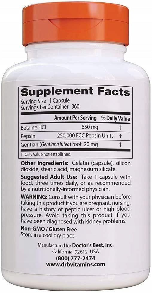 Dr's Best Betaine HCl Pepsin & Gentian Bitters PEPSINA DIGESTION 360caps Expiration date not specified