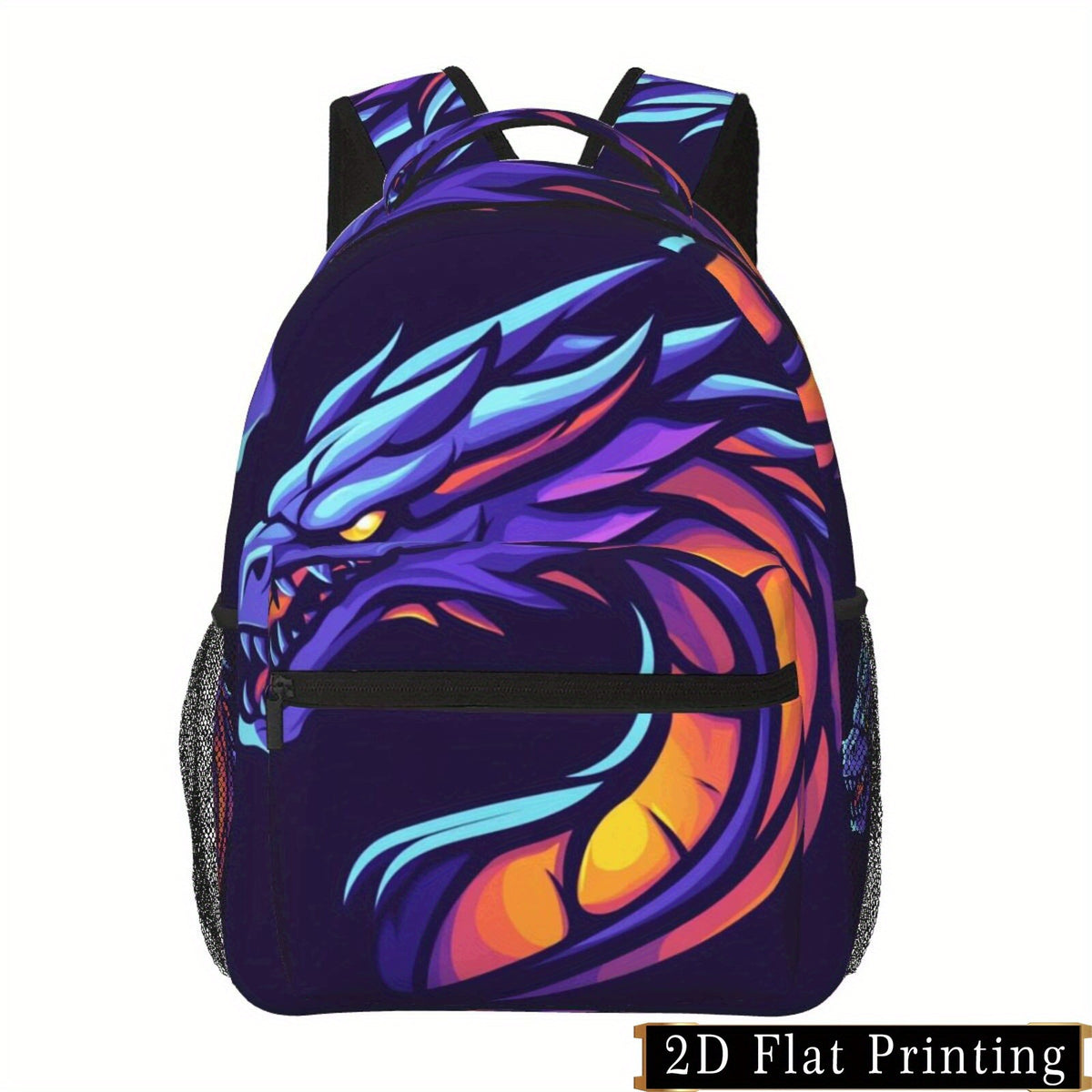 Dragon Print Backpack - Purple, Adjustable Straps, Lightweight, Multiple Pockets