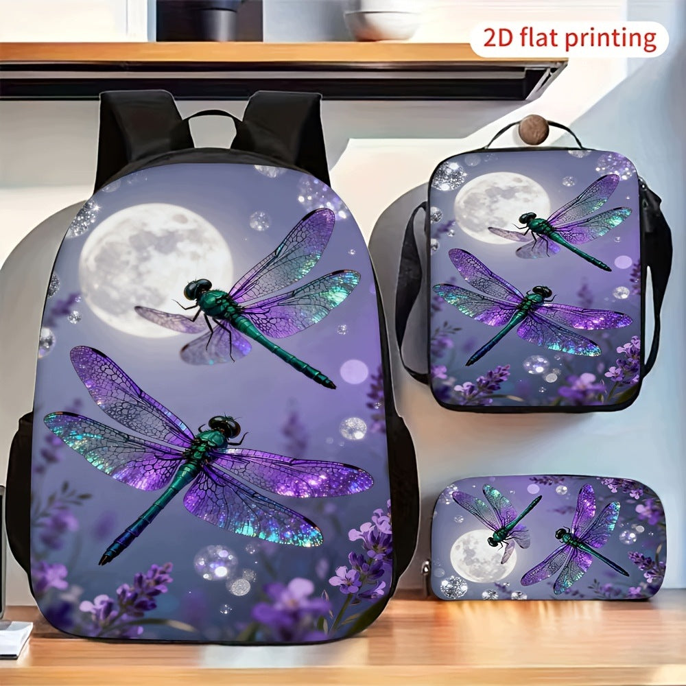 Dragonfly Moon Purple Lavender Print 3pc Retro Backpack Set