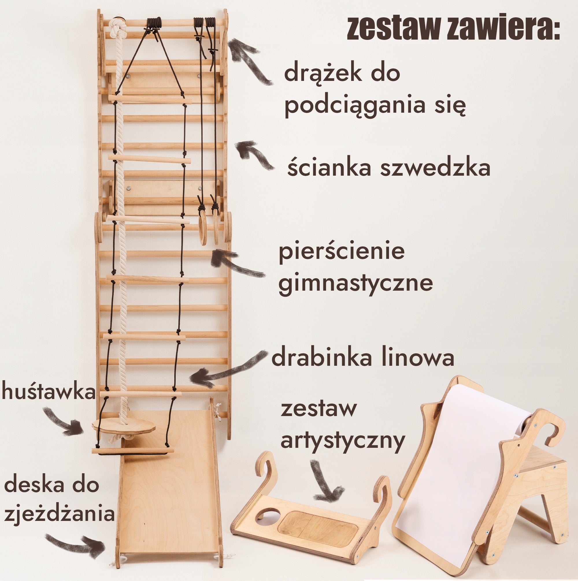 Drewniany Zestaw 6w1 – Ściana Szwedzka, Zjeżdżalnia + Zestaw Artystyczny Kid's age 2＋ years