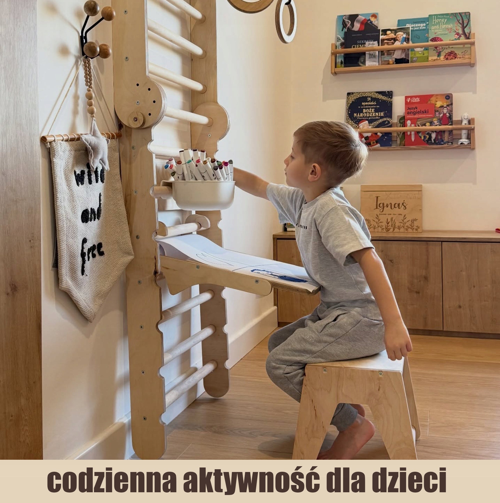 Drewniany Zestaw 6w1 – Ściana Szwedzka, Zjeżdżalnia + Zestaw Artystyczny Kind wooden