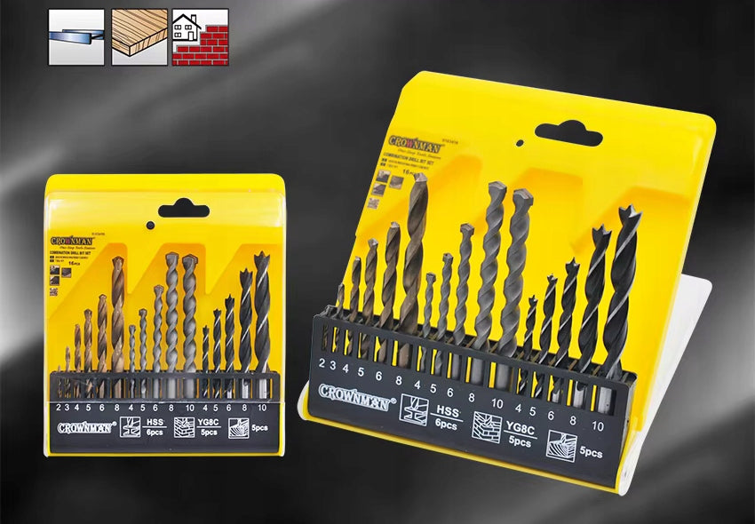 Drill Bit Set for Metal, Concrete, Wood 16 Pcs Set Brand CROWNMAN