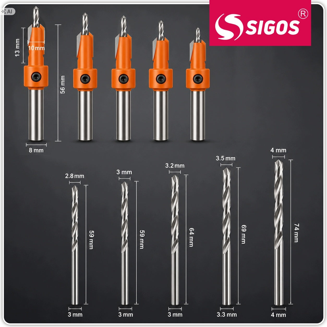 Drill bits with cornice 5 pcs. with dredge and chamferer set + CASE Packaging status original