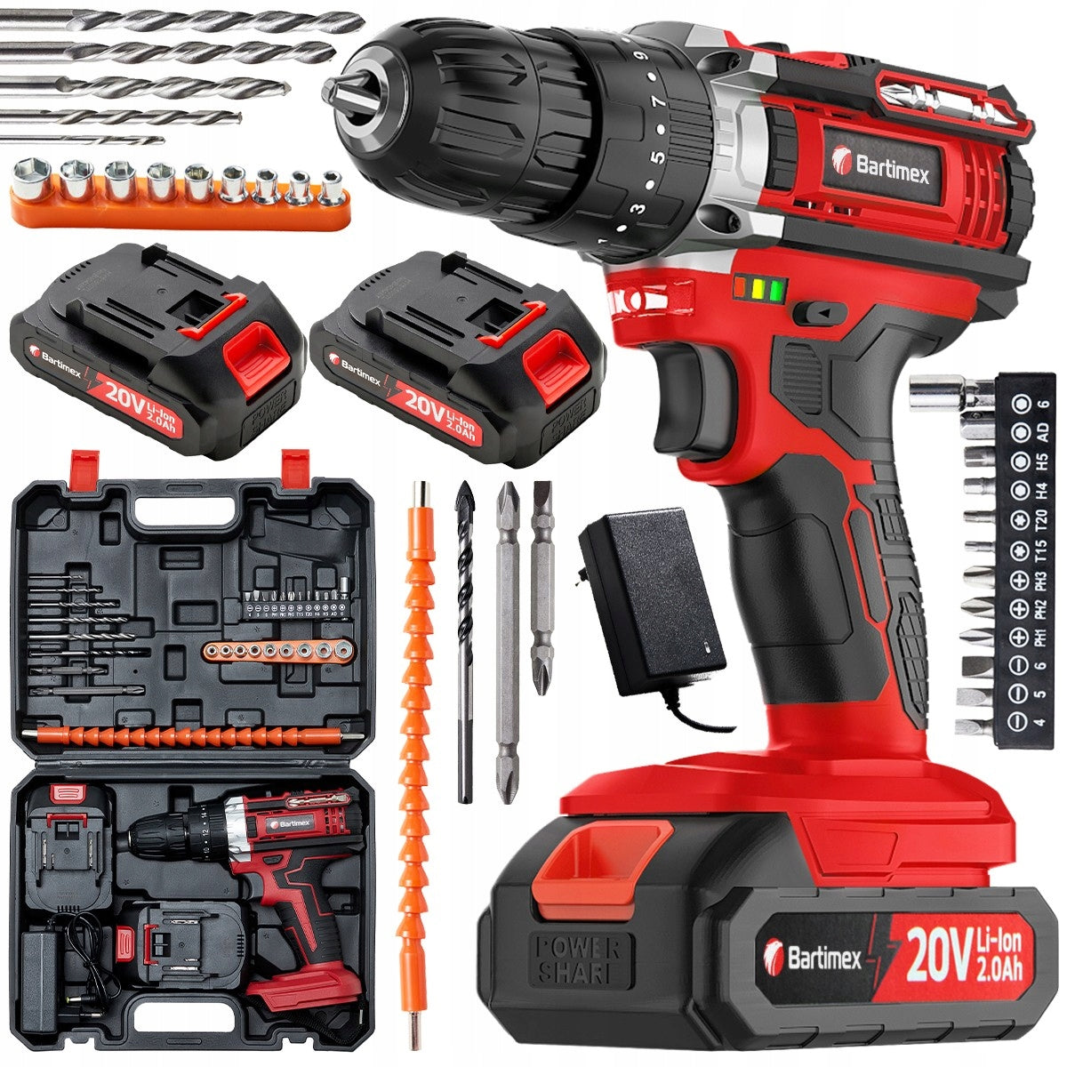Drilling Machine 20V 2 Batteries 2,0Ah Bits Drill Bits Suitcase SET