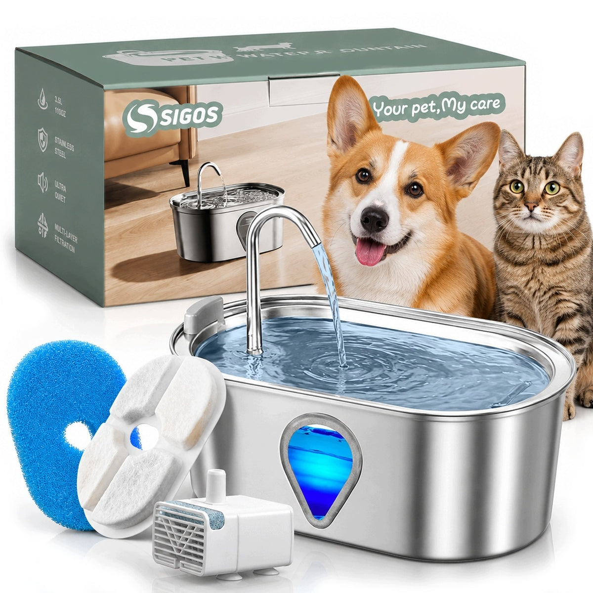 Drinker Fountain for Cat Dog Automatic Drinker 3,5L Stainless Steel