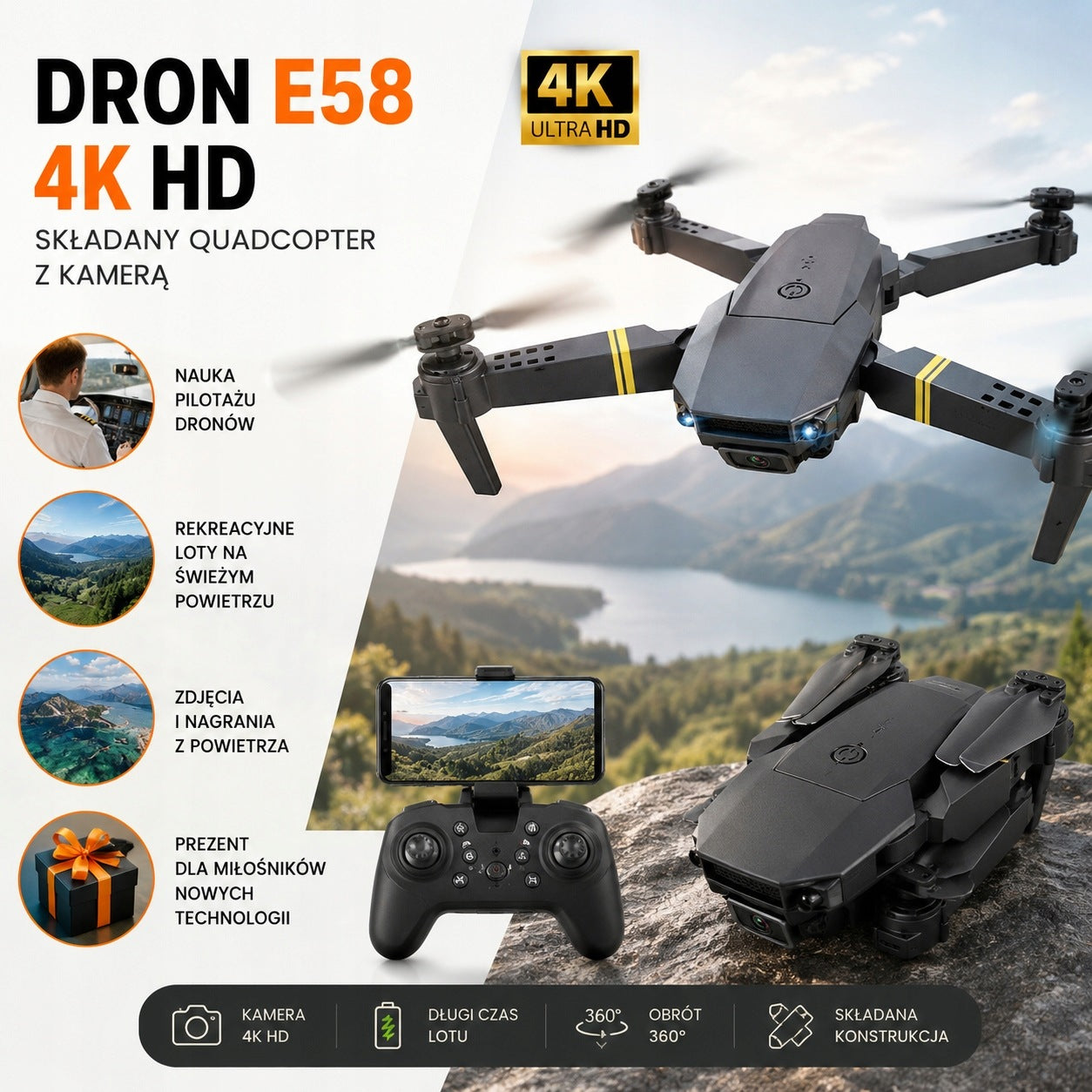Drone E58 4K HD – foldable quadcopter with camera Manufacturer code Dron Składany E58 Kamera 1080P 3 Baterie