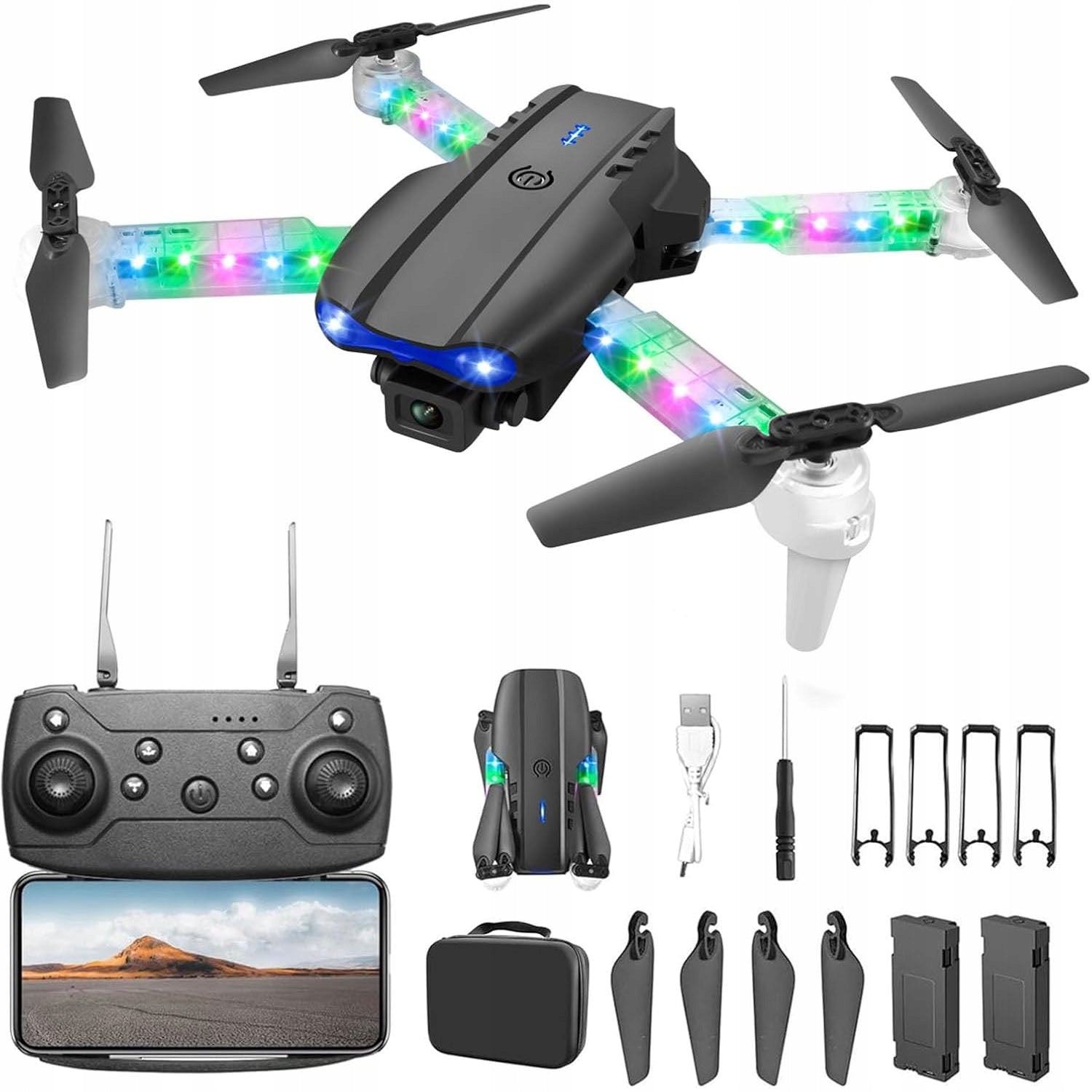 Drone E99 Light Edition With Led Lights, 2 Rechargeable Batteries 8-10 Min Flight Camera