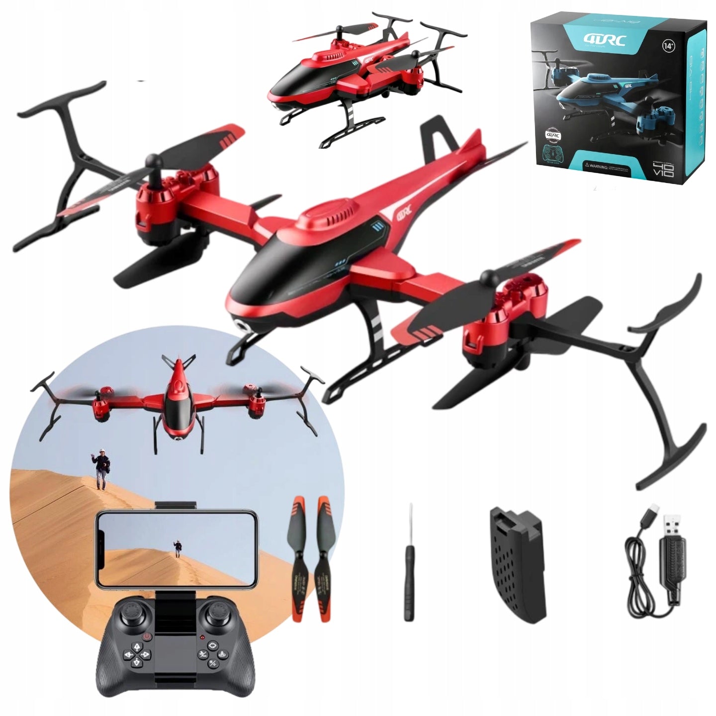 Drone Helicopter Remote Controlled Red Flying With HD Camera 1080p Hover