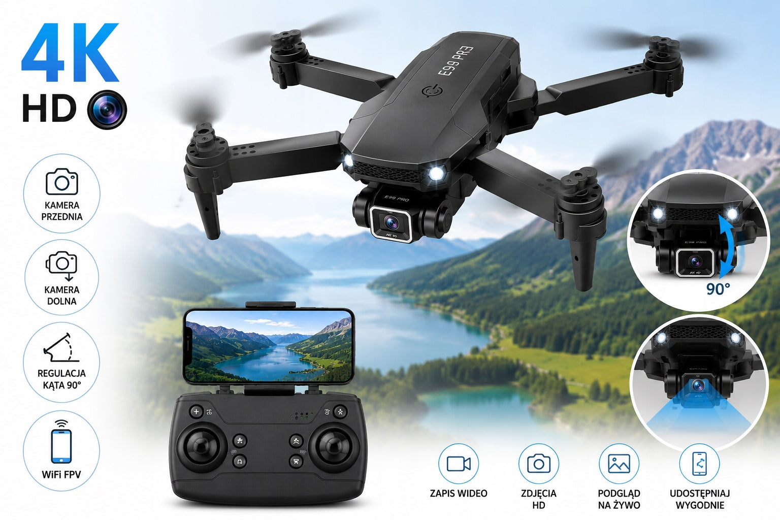 Drone PRO 4K HD WiFi FPV folding 3 batteries case 2 cameras up to 45 min Brand Technoid