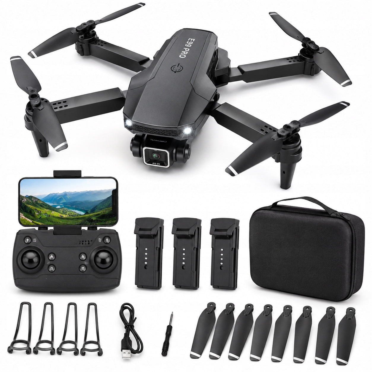Drone PRO 4K HD WiFi FPV folding 3 batteries case 2 cameras up to 45 min