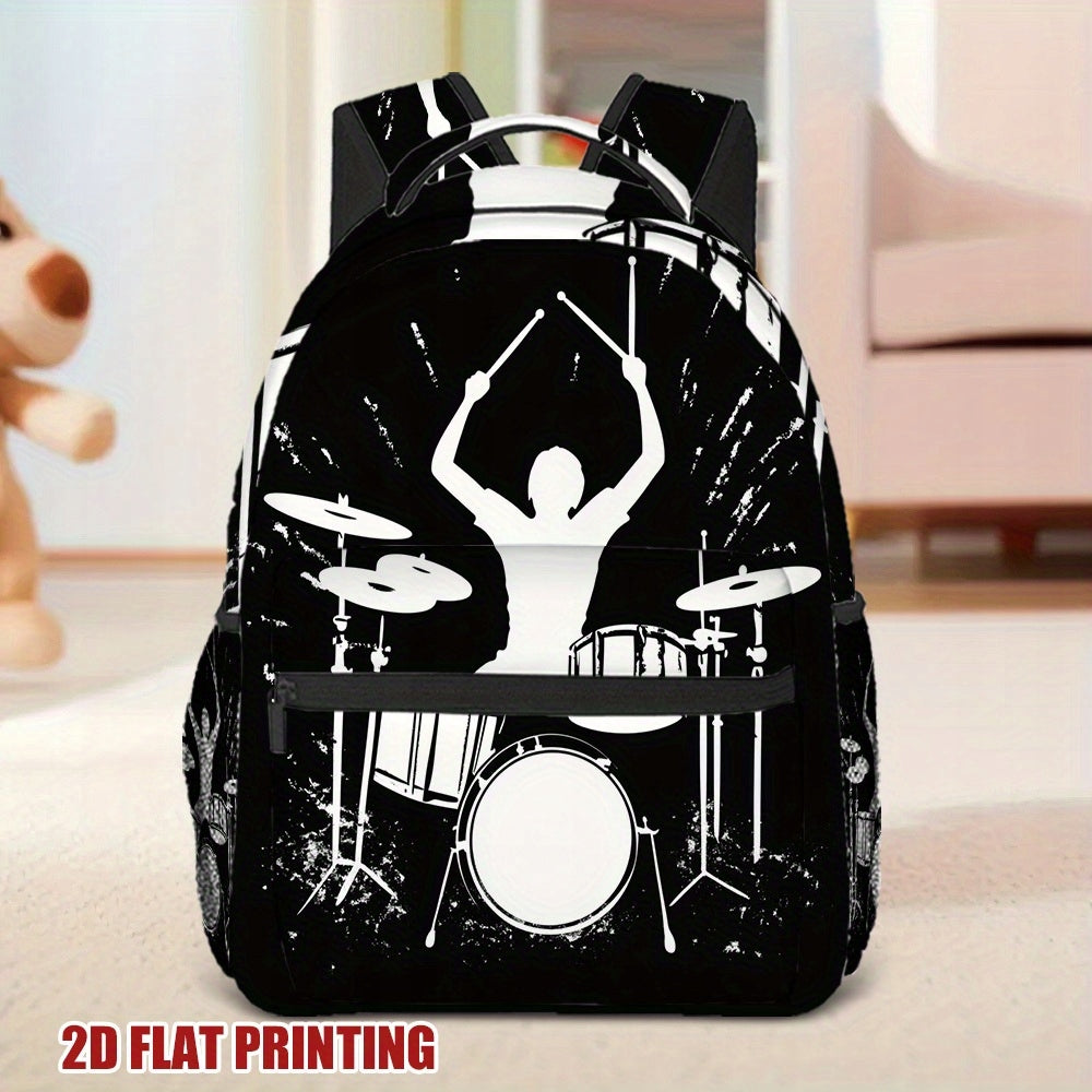 Drummer Silhouette Backpack - Black/White, Lightweight Travel, Artistic Design