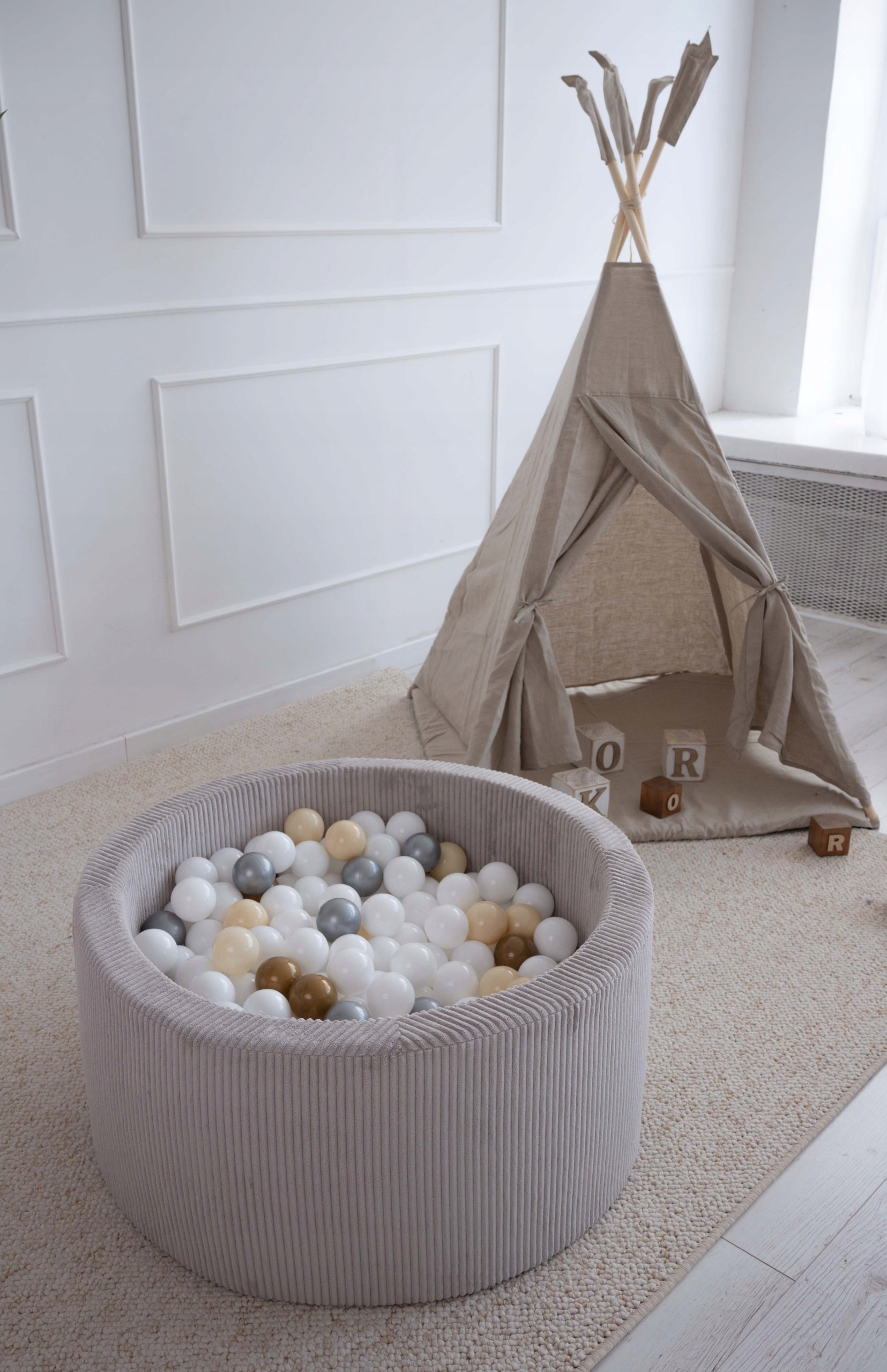 Dry pool with balls 40x90 Corduroy grey + 200 balls- ANY MIX Kid's age 6＋ months