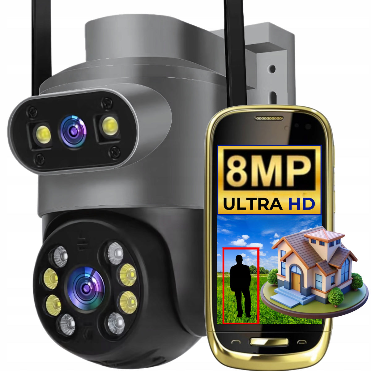 Dual Camera WIFI IP Outdoor Rotating 8MPX Detection Features AI AUDIO