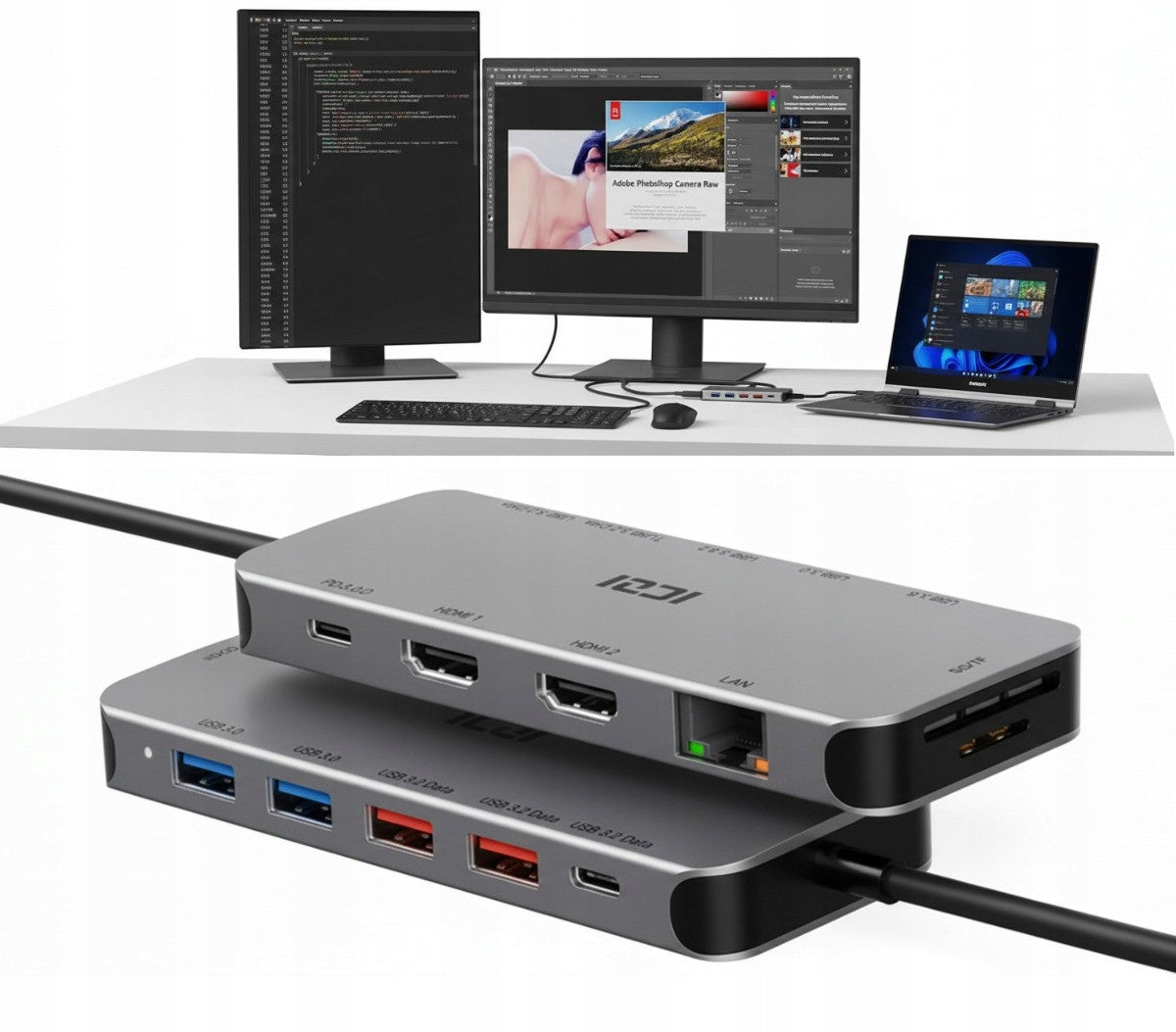 Dual Monitor HDMI Docking Station USB-C 3.0 Splitter HUB for Laptop