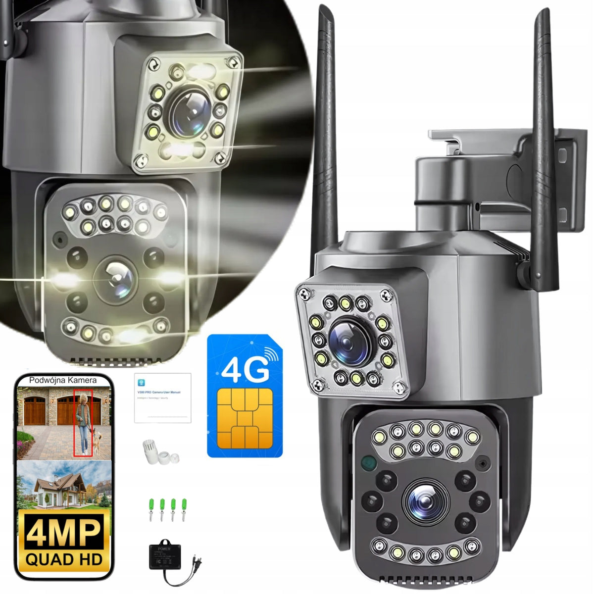 Dual Outdoor Camera 4MPX QHD 4G GSM LTE Rotating SMART Zoom x10 4MP
