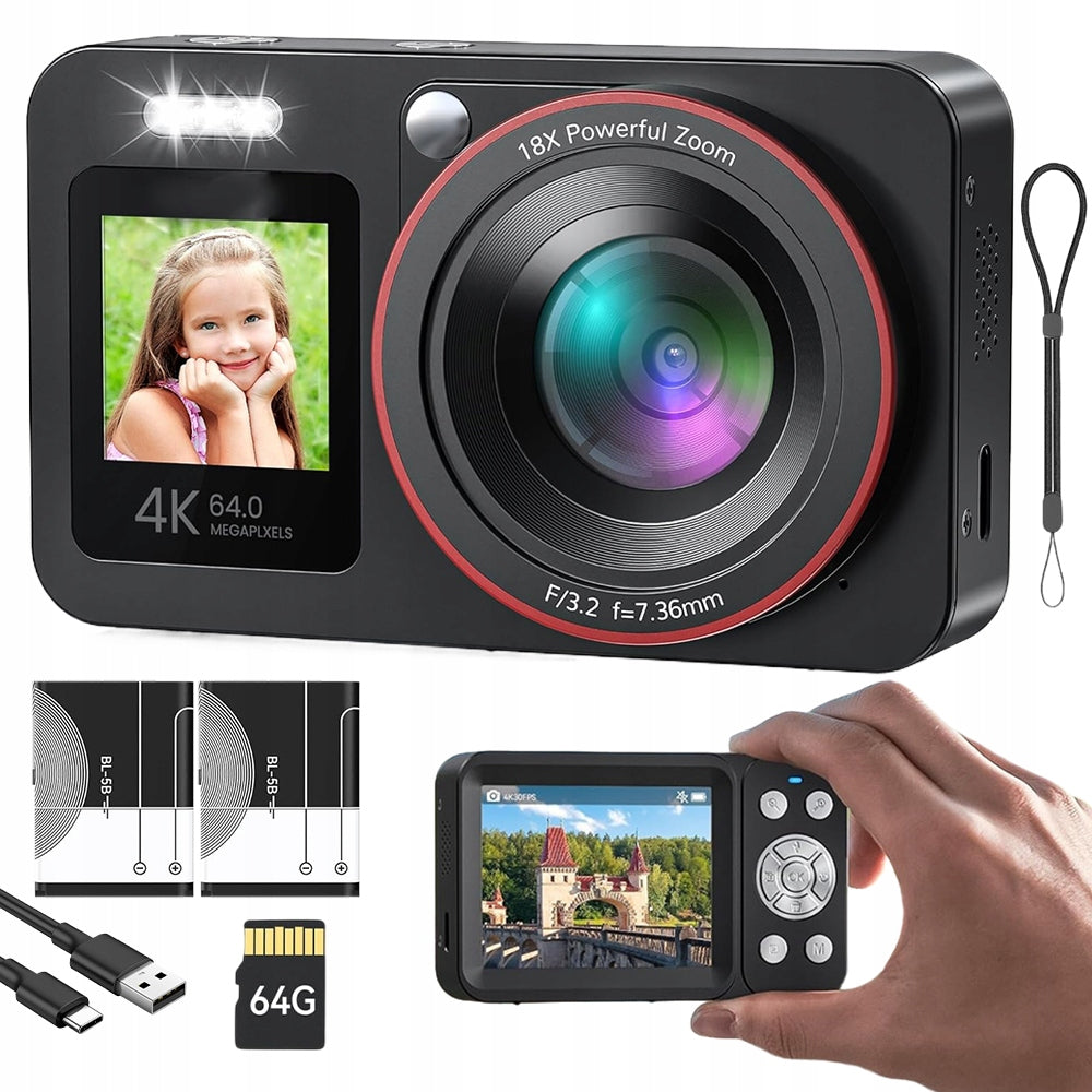 Dual Screen DIGITAL CAMERA AUTOFOCUS 64MP HD 4K 18X ZOOM 32GB