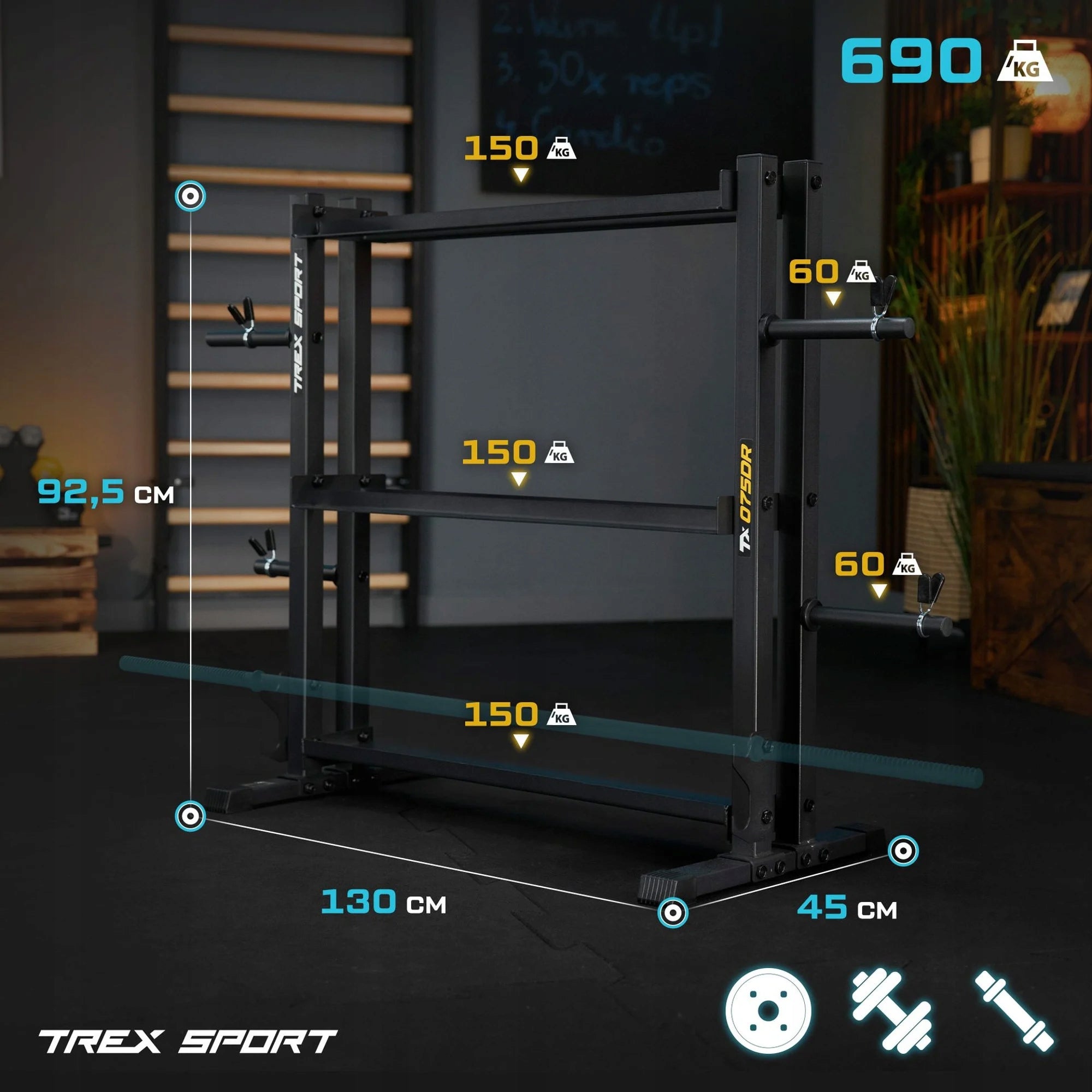 Dumbbell rack 3-level load-bearing neck strong up to 690 kg Trex Sport Brand Trex Sport