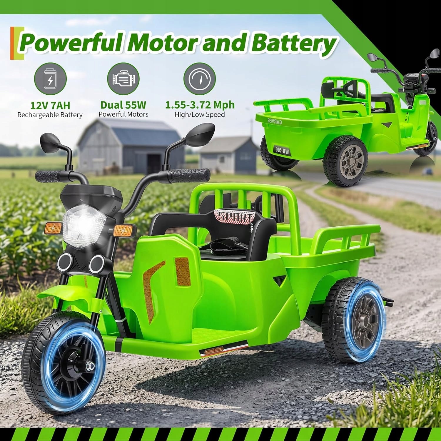 Dziecięcy motocykl elektryczny z przyczepą i łopatą,12V z pilotem 2.4G Packaging status original