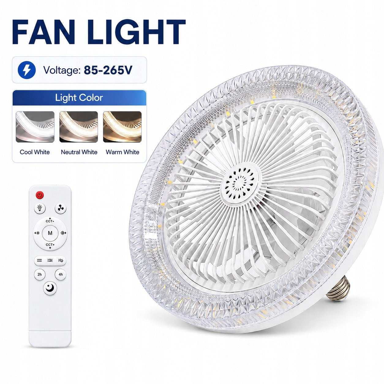 E27 LED Ceiling Fan Light with Remote, 3 Speeds, 3 Colours, Timer Packaging status original