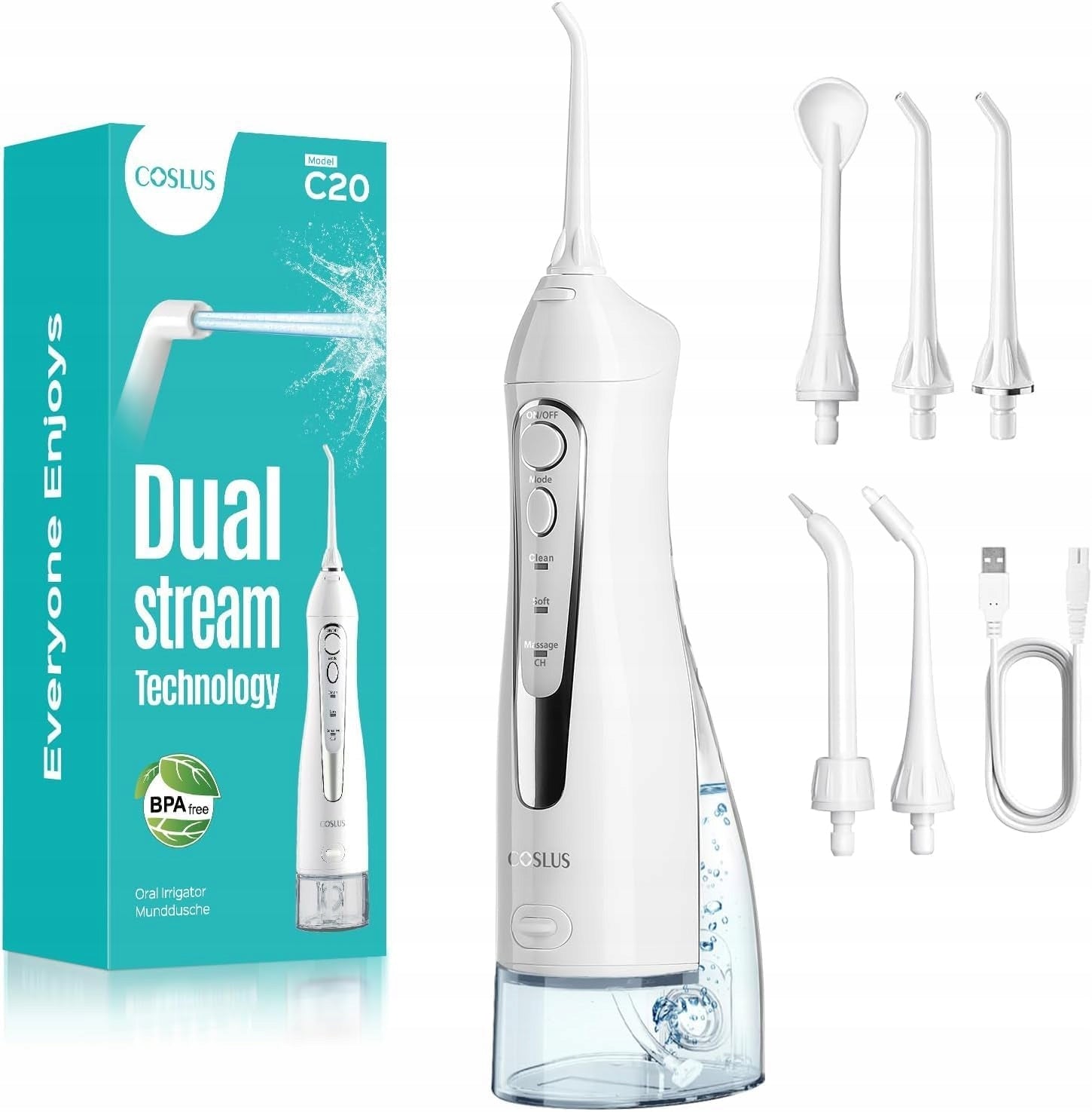 E4266 Coslus Wireless Irrigator C20 Dual Stream USB 5 Tips